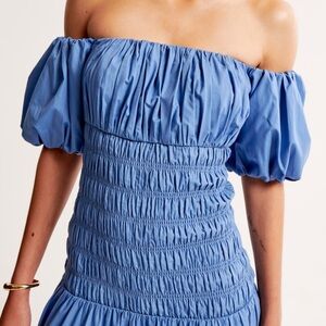 Abercrombie & Fitch Smocked Drop-Waist Dress Puff Sleeve in Blue Size Medium NWT